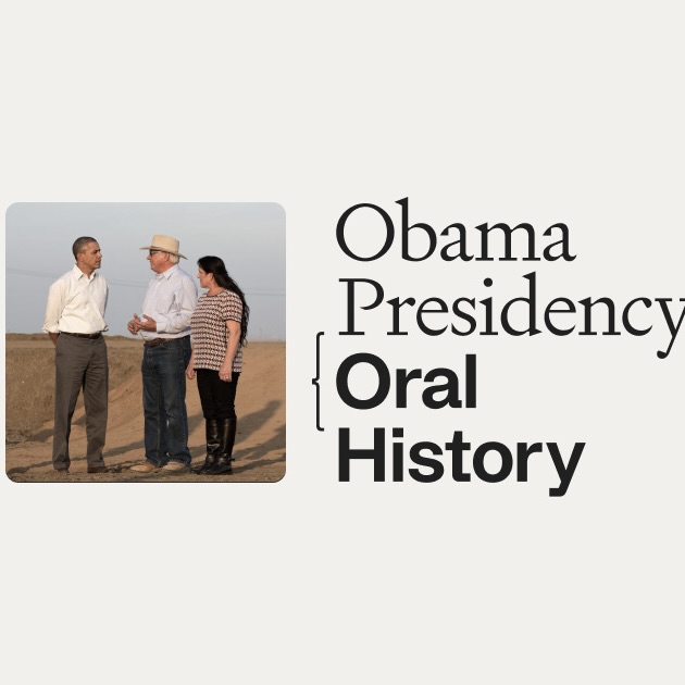 Photo of Obama standing and talking to two people with text "Obama Presidency Oral History"